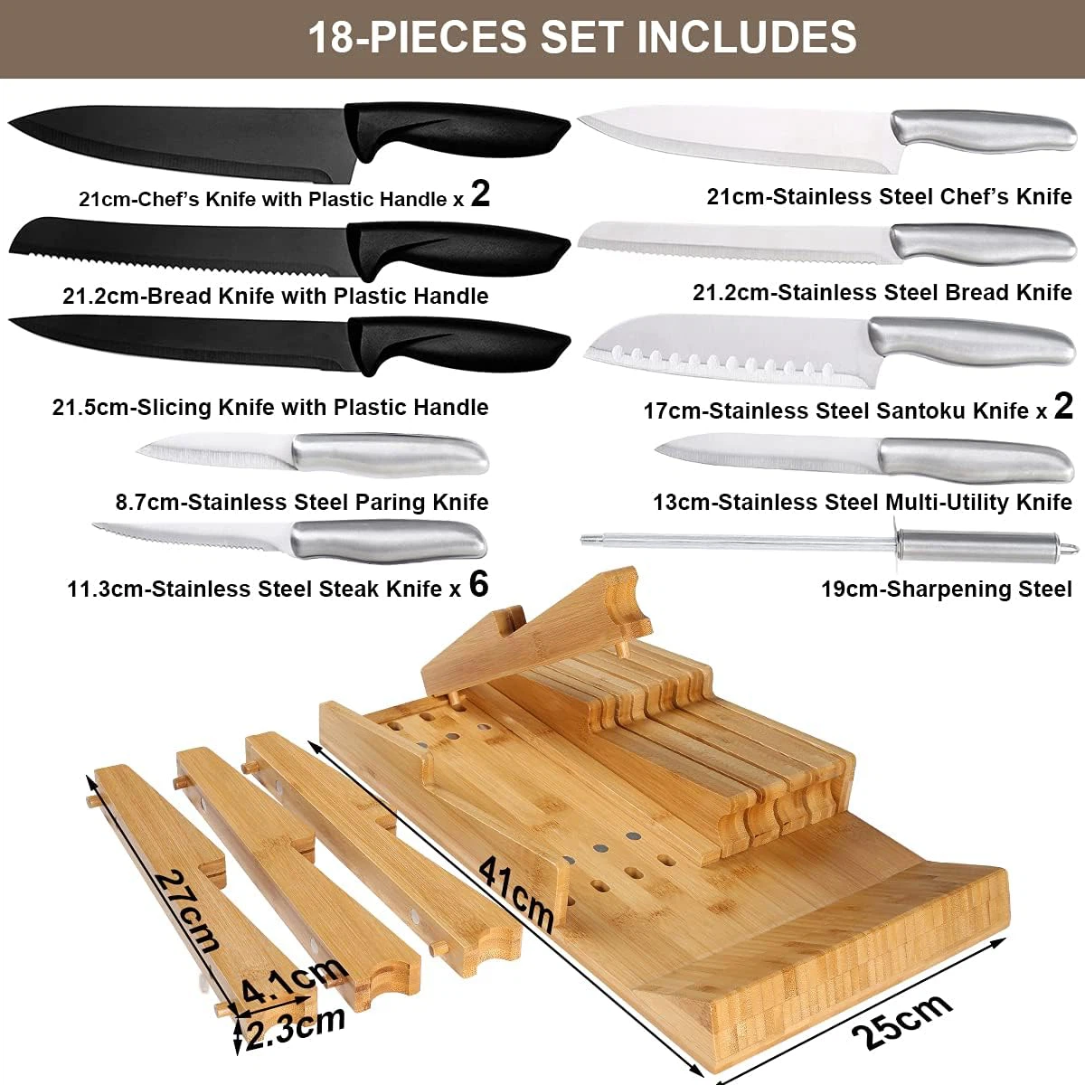 Bamboo In-Drawer Knife Block Set for 16 Knives 4 Bamboo In-Drawer Knife Block Set for 16 Knives 4